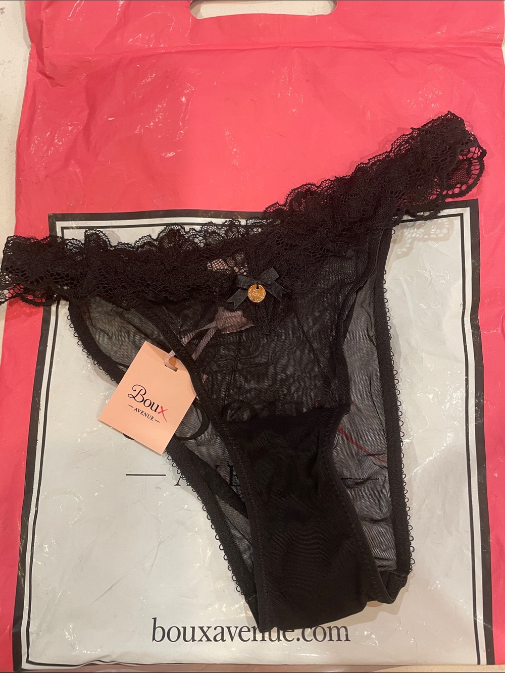 Boux Avenue Black Lace Sheer Bikini Brief with Bow Accent